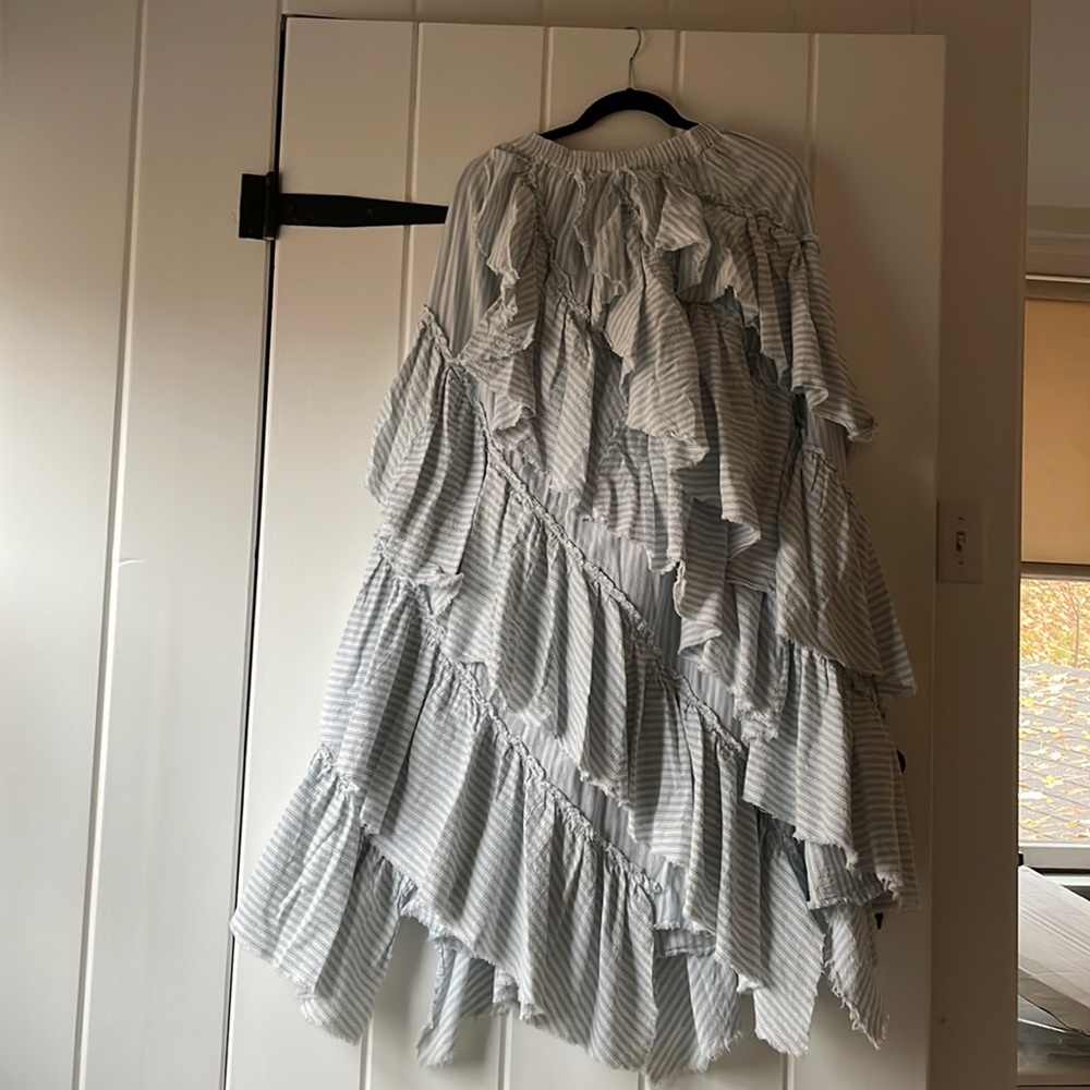 Free People White and Blue Ruffled Maxi Skirt